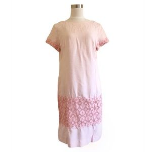 Vintage 50s 60s Embroidered Daisy Floral Lace Short Sleeve Dress Pink L Large